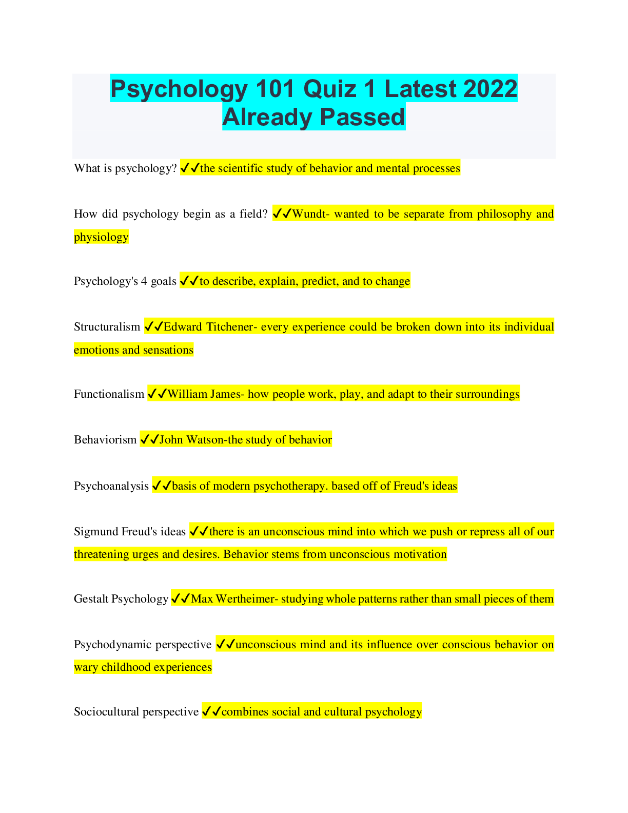 Preview image for Psychology 101 Quiz 1 Latest 2022 Already Passed.